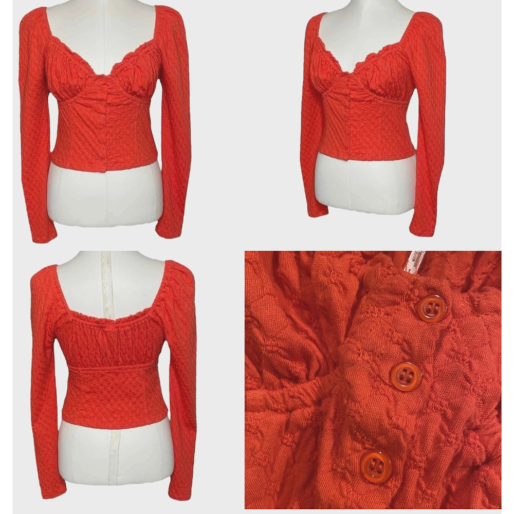 Free People Ladybug Long Sleeve Boho Top S Flambe Red Cropped Puff slv Milkmaid